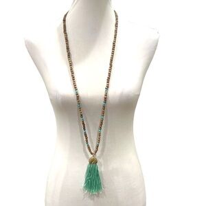 Long Boho Wood Bead and Green Tassel Necklace